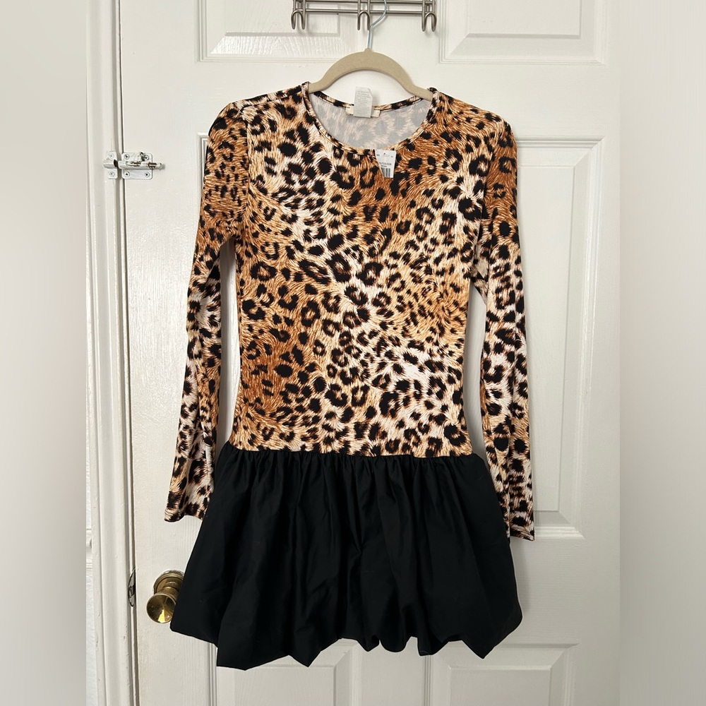 Leopard Print Long Sleeve Dress with Black Skirt
